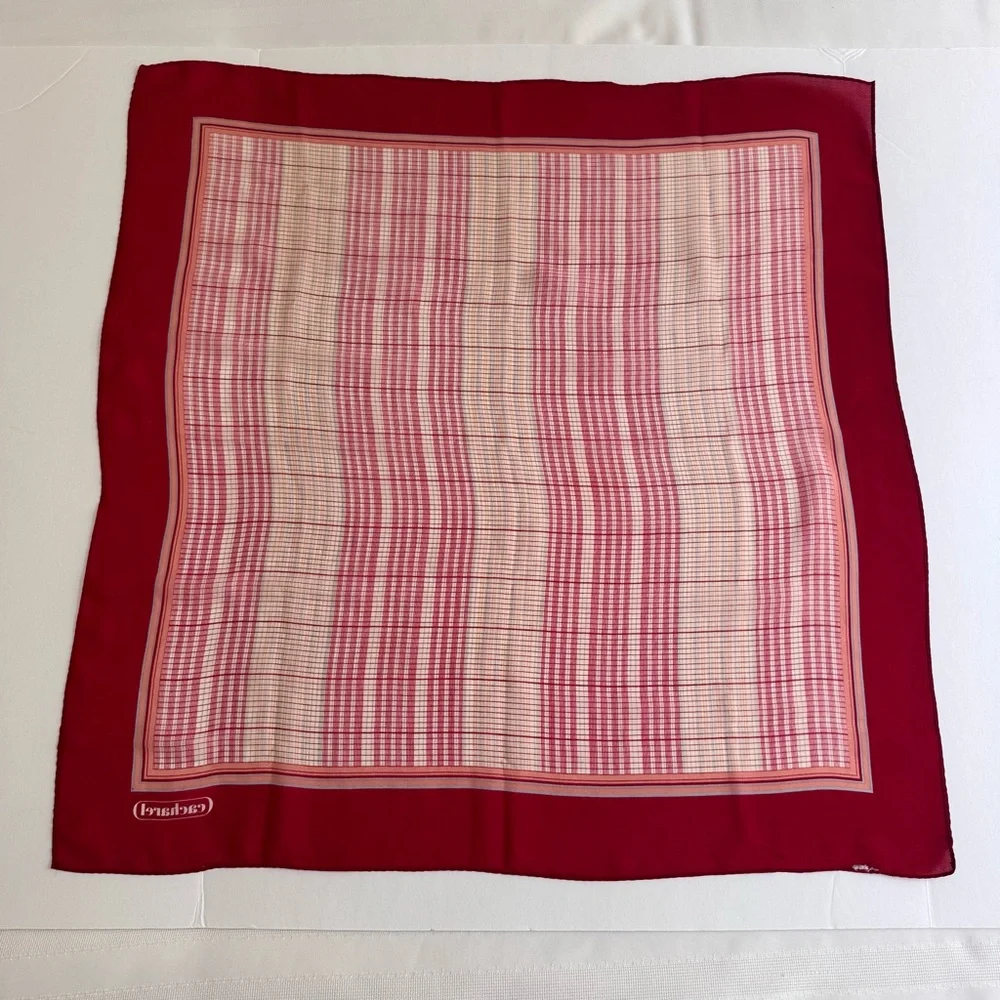 Vintage Cacharel Plaid Tartan Silk Feel Square Scarf 26x26 Red Cream French Chic